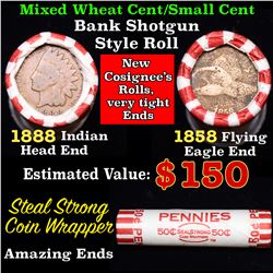 Mixed small cents 1c orig shotgun roll, 1858 Flying Eagle cent, 1888 Indian Cent other end, Seal Str