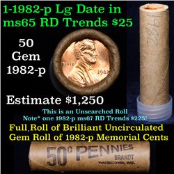 Uncirculated shotgun Lincoln 1c roll, 1982-p Copper Large Date 50 pcs Brandt Wrapper  Grades