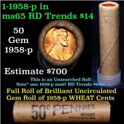 Uncirculated Shotgun Lincoln 1c roll, 1958-p 50 pcs Brandt Wrapper Grades