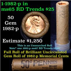 Uncirculated shotgun Lincoln 1c roll, 1982-p Copper Large Date 50 pcs Brandt Wrapper  Grades