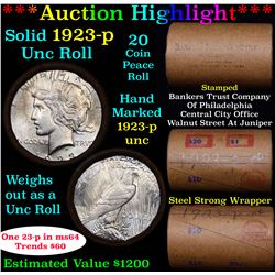 ***Auction Highlight*** 1923-p Solid Uncirculated Peace Dollar Shotgun Roll (fc)