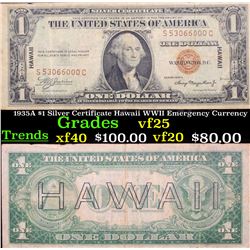 1935A $1 Silver Certificate Hawaii WWII Emergency Currency Grades vf+