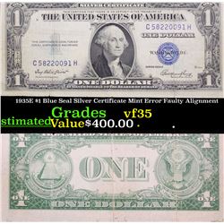 1935E $1 Blue Seal Silver Certificate Mint Error Faulty Alignment Grades vf++