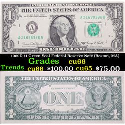1969D $1 Green Seal Federal Reserve Note (Boston, MA) Grades Gem+ CU
