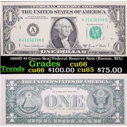 1969D $1 Green Seal Federal Reserve Note (Boston, MA) Grades Gem+ CU