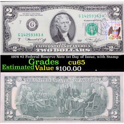 1976 $2 Federal Reserve Note 1st Day of Issue, with Stamp Grades Gem CU
