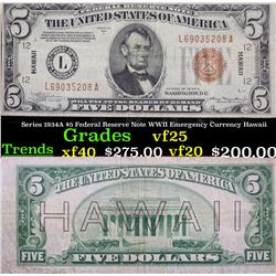 Series 1934A $5 Federal Reserve Note WWII Emergency Currency Hawaii Grades vf+