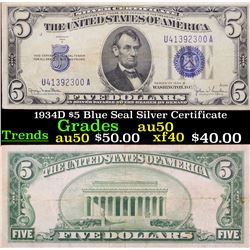 1934D $5 Blue Seal Silver Certificate Grades AU, Almost Unc