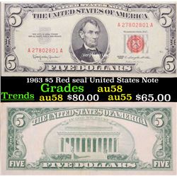 1963 $5 Red seal United States Note Grades Choice AU/BU Slider