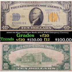 1934A $10 Silver Certificate North Africa WWII Emergency Currency Grades vf, very fine