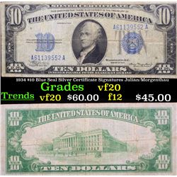 1934 $10 Blue Seal Silver Certificate Signatures Julian/Morgenthau Grades vf, very fine