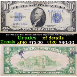 1934 $10 Blue Seal Silver Certificate Signatures Julian/Morgenthau Grades xf details