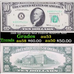 1969 $10 Green Seal Federal Reserve Note Grades Select AU