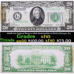 1928B $20 Federal Reserve Note Redeemable In Gold (Chicago, IL) Grades xf+