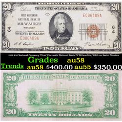 1929 $20 National Currency 'First Wisconsin National Bank Of Milwaukee, WI) Low Serial Number Grades
