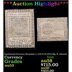 ***Auction Highlight*** Continental Currency November 2, 1776 $7 Fr-CC52 Sig. R. Johnson Grades Sele