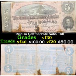1864 $5 Confederate Note, T69 Grades vf++
