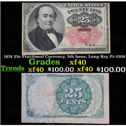 1874 25c Fractional Currency, 5th Issue, Long Key Fr-1308 Grades xf