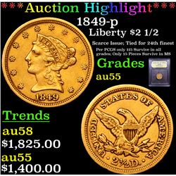 ***Auction Highlight*** 1849-p Gold Liberty Quarter Eagle $2 1/2 Graded Choice AU By USCG (fc)