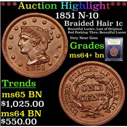 ***Auction Highlight*** 1851 N-10 Braided Hair Large Cent 1c Graded Choice+ Unc BN By USCG (fc)