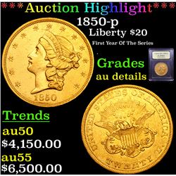 ***Auction Highlight*** 1850-p Gold Liberty Double Eagle $20 Graded AU Details By USCG (fc)