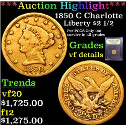 ***Auction Highlight*** 1850 C Charlotte Gold Liberty Quarter Eagle $2 1/2 Graded vf details By USCG