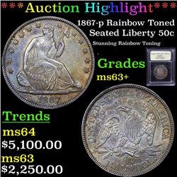 ***Auction Highlight*** 1867-p Rainbow Toned Seated Half Dollar 50c Graded Select+ Unc By USCG (fc)