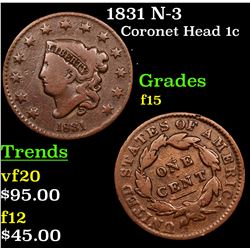 1831 N-3 Coronet Head Large Cent 1c Grades f+
