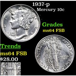 1937-p Mercury Dime 10c Grades Choice Unc FSB