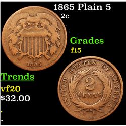 1865 Plain 5 Two Cent Piece 2c Grades f+