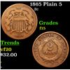 Image 1 : 1865 Plain 5 Two Cent Piece 2c Grades f+