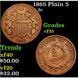 1865 Plain 5 Two Cent Piece 2c Grades vf++