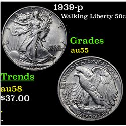 1939-p Walking Liberty Half Dollar 50c Grades Choice AU