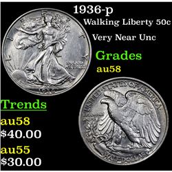 1936-p Walking Liberty Half Dollar 50c Grades Choice AU/BU Slider