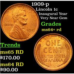 1909-p Lincoln Cent 1c Grades Choice+ Unc RD