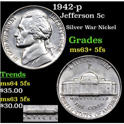 1942-p Jefferson Nickel 5c Grades Select Unc+ 5fs