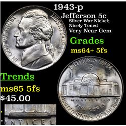 1943-p Jefferson Nickel 5c Grades Choice Unc+ 5fs