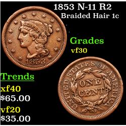 1853 N-11 R2 Braided Hair Large Cent 1c Grades vf++