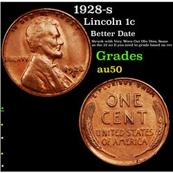 1928-s Lincoln Cent 1c Grades AU, Almost Unc