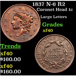 1837 N-6 R2 Coronet Head Large Cent 1c Grades xf