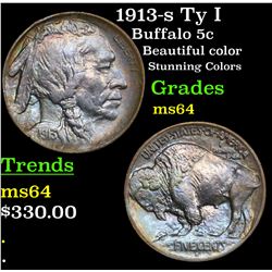 1913-s Ty I Buffalo Nickel 5c Grades Choice Unc