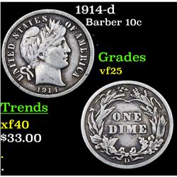 1914-d Barber Dime 10c Grades vf+