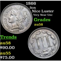 1866 Three Cent Copper Nickel 3cn Grades Choice AU/BU Slider