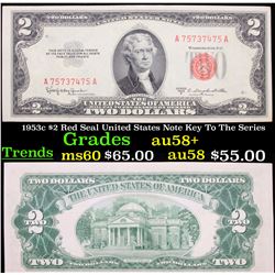 1953c $2 Red Seal United States Note Key To The Series Grades Choice AU/BU Slider+