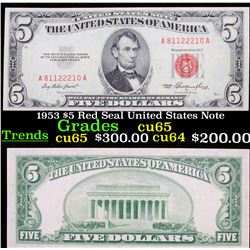 1953 $5 Red Seal United States Note Grades Gem CU