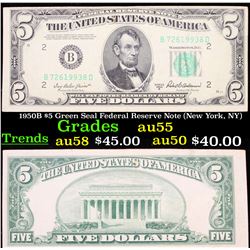 1950B $5 Green Seal Federal Reserve Note (New York, NY) Grades Choice AU