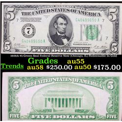 1928A $5 Green Seal Federal Reserve Note (Chicago, IL) Redeemable In Gold Grades Choice AU