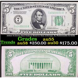 1928A $5 Green Seal Federal Reserve Note (Chicago, IL) Redeemable In Gold Grades Choice AU