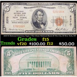 1929 $5 National Currency Type 1 'The Chase National Bank Of The City Of New York, NY' Grades f+