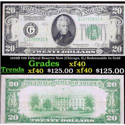 1928B $20 Federal Reserve Note (Chicago, IL) Redeemable In Gold Grades xf